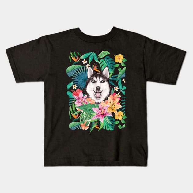 Tropical Black White Siberian Husky 12 Kids T-Shirt by LulululuPainting